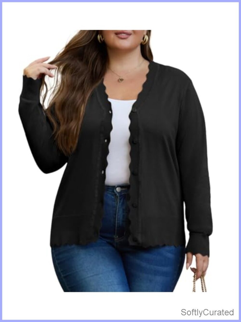Plus Size Long Sleeve Wave Edge Knit Cardigan Sweater
